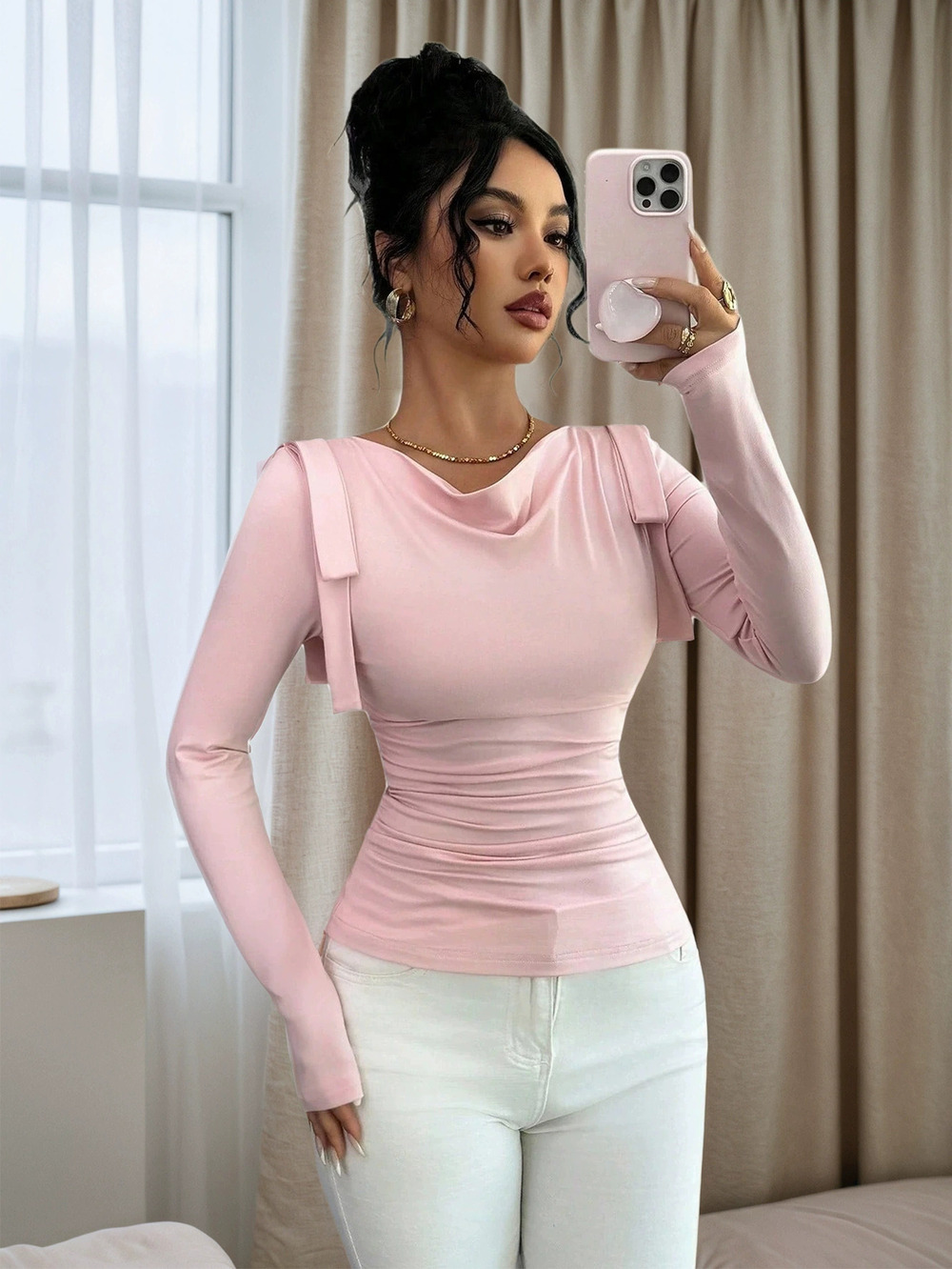 ZARA Korean Ruched Neck Slim Fit Solid Long Sleeve Tee